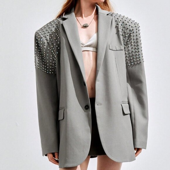 Grey Casual Women's Oversized Padded Shoulder Suit Jacket with Rhinestone Design - Picture 5 of 7